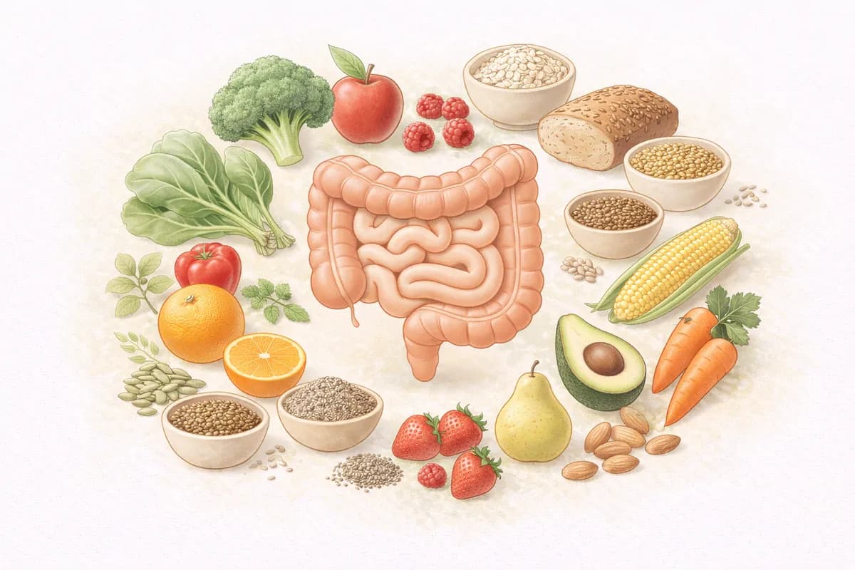 Ilustração de intestino saudável cercado por alimentos ricos em fibras