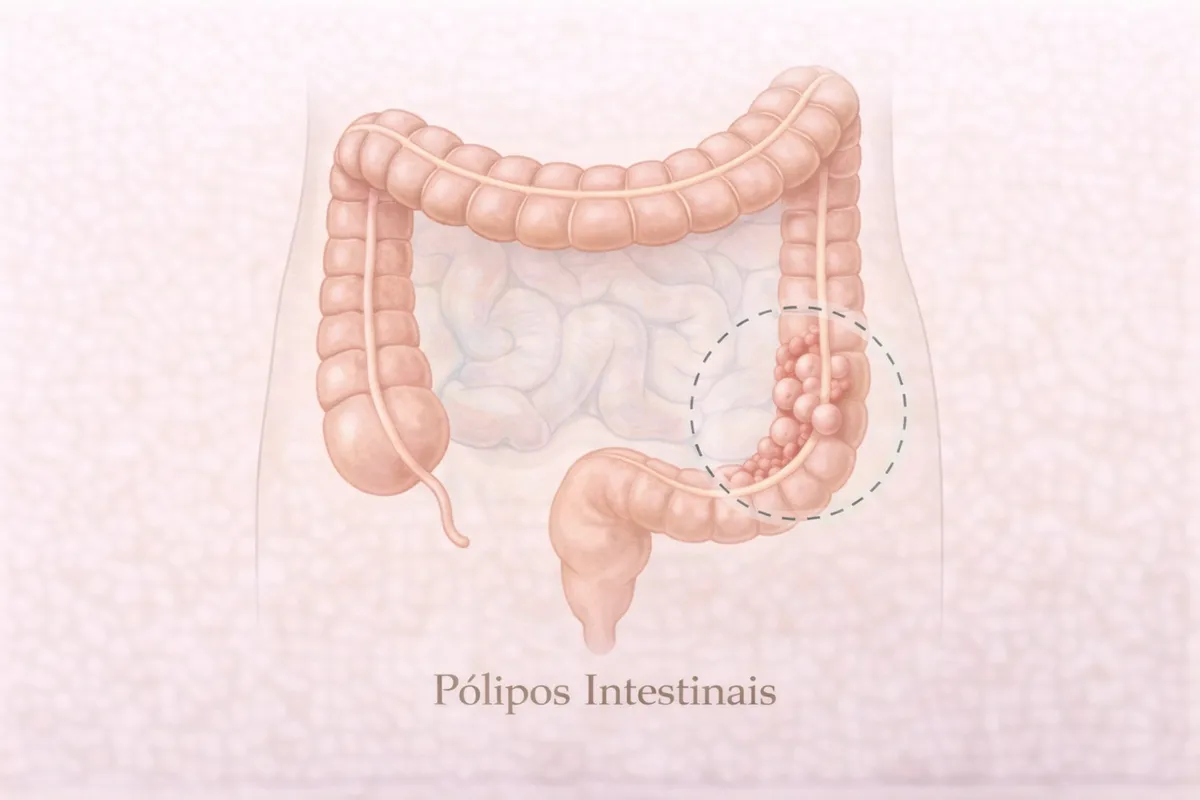 Ilustração de pólipos intestinais no cólon