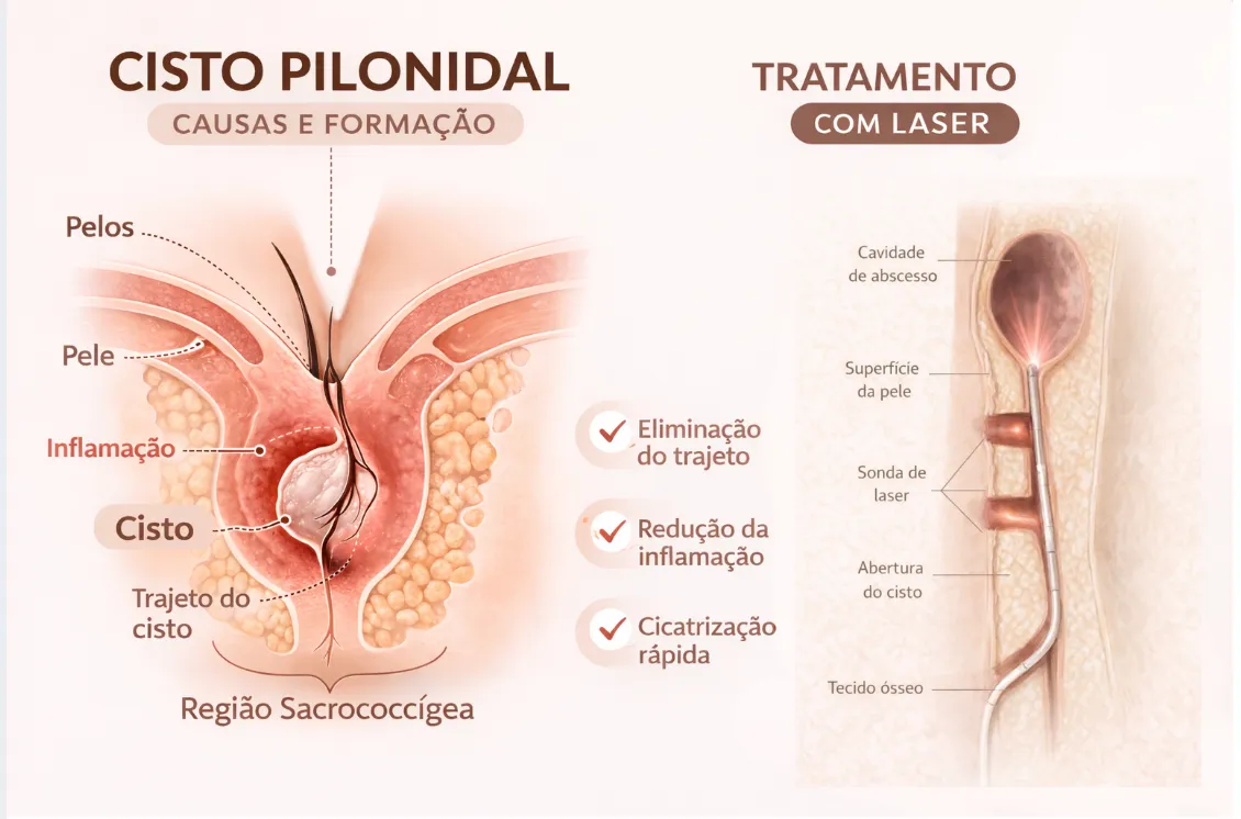 Detalhamento anatômico do cisto pilonidal e da área acometida