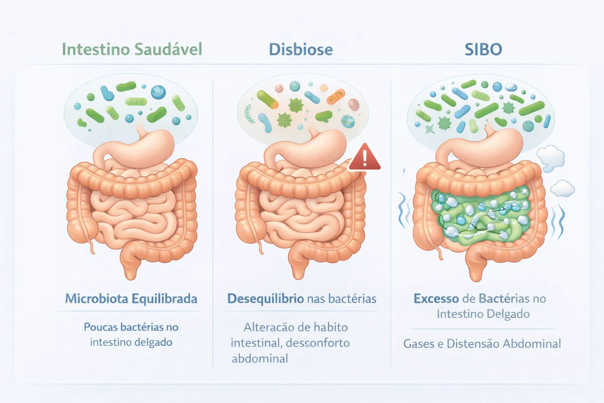 Comparativo entre intestino saudável, disbiose e SIBO