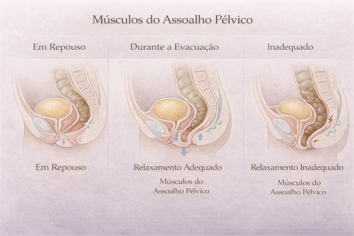 Ilustração da musculatura do assoalho pélvico e sua função intestinal
