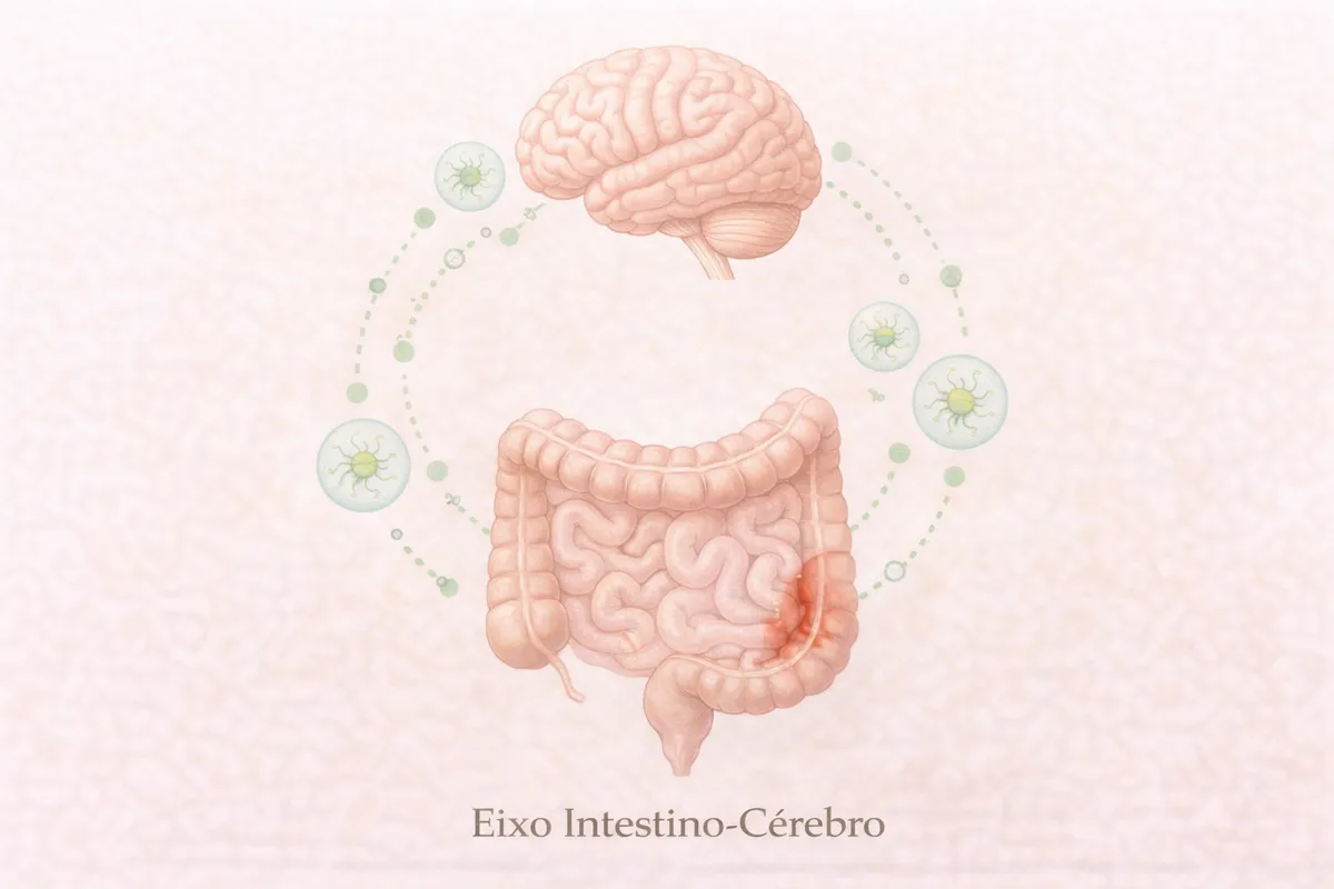 Representação do eixo intestino-cérebro e sua influência nos sintomas