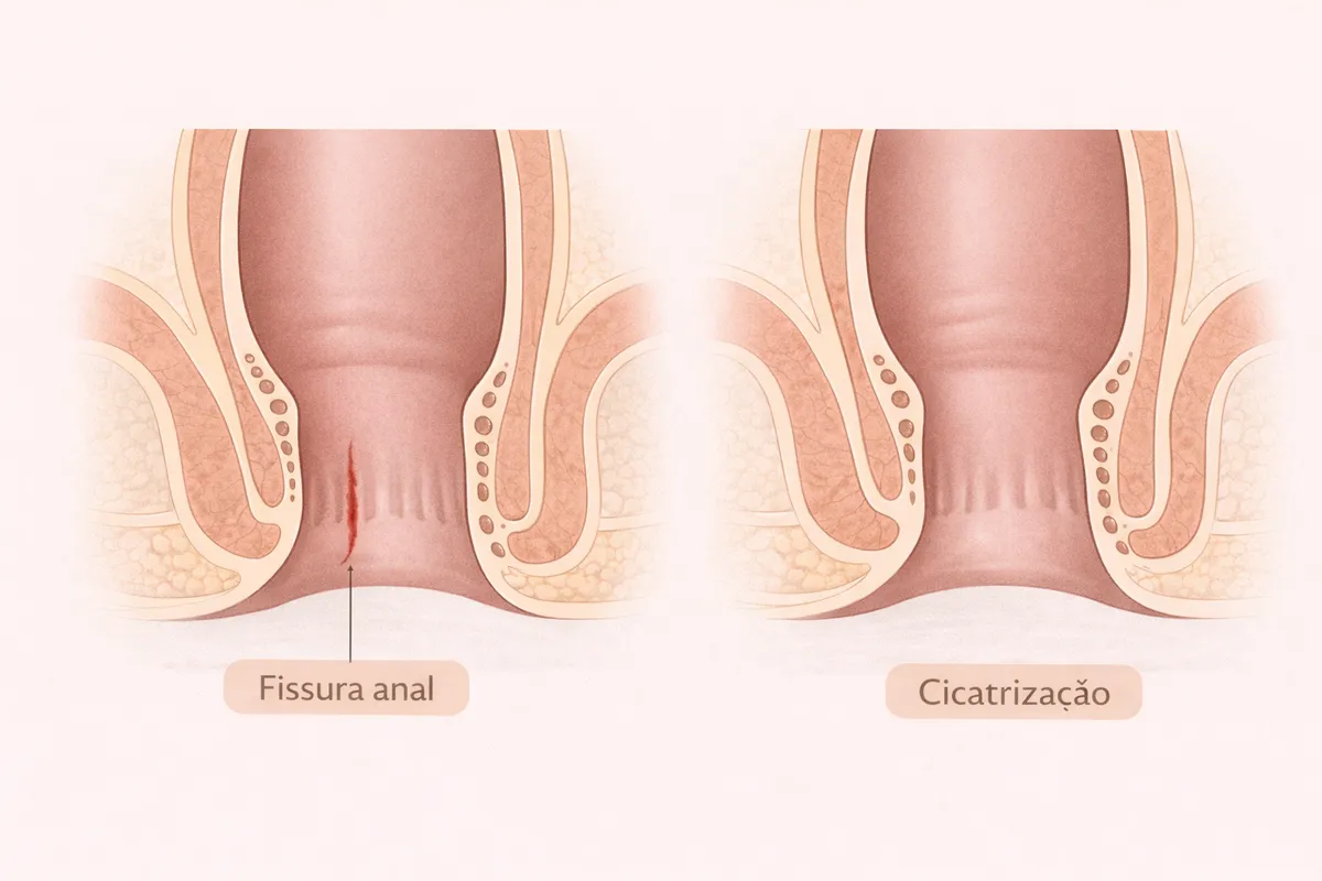 Ilustração de fissura anal crônica e processo de cicatrização