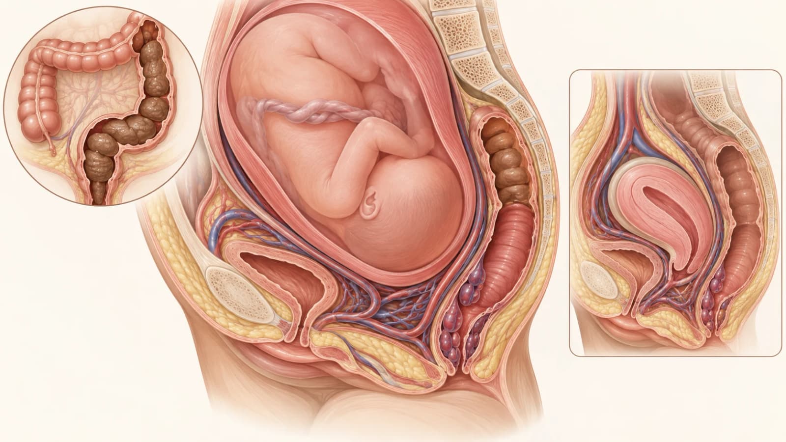 Ilustração anatômica da gestação, com o útero aumentado e os vasos da região pélvica e anal