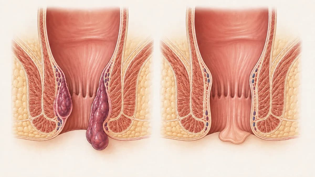 Ilustração comparando, à esquerda, hemorroidas interna e prolapsada formadas por tecido vascular e, à direita, um plicoma anal como dobra de pele na borda do ânus