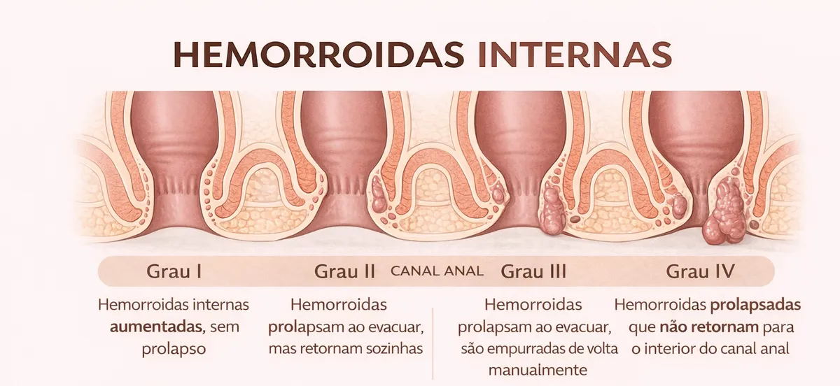 Ilustração de hemorroidas internas no canal anal