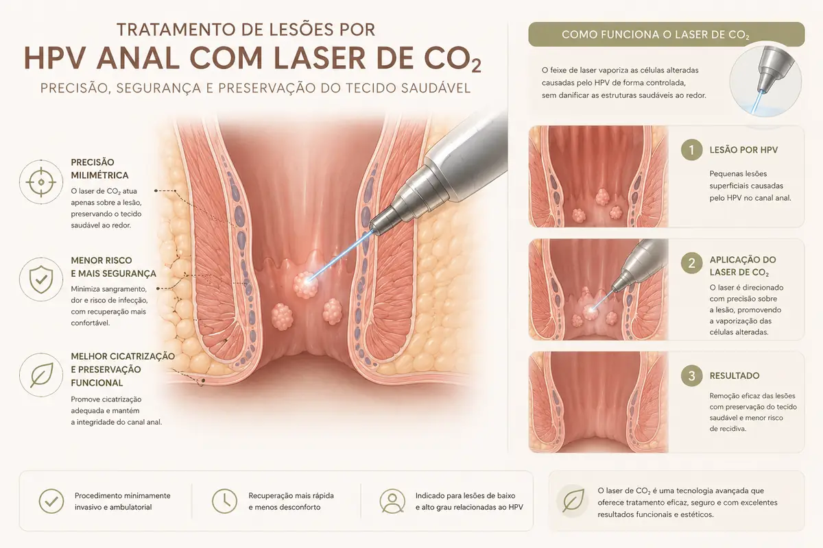 Ilustração do tratamento de lesões anais por HPV com laser de CO2