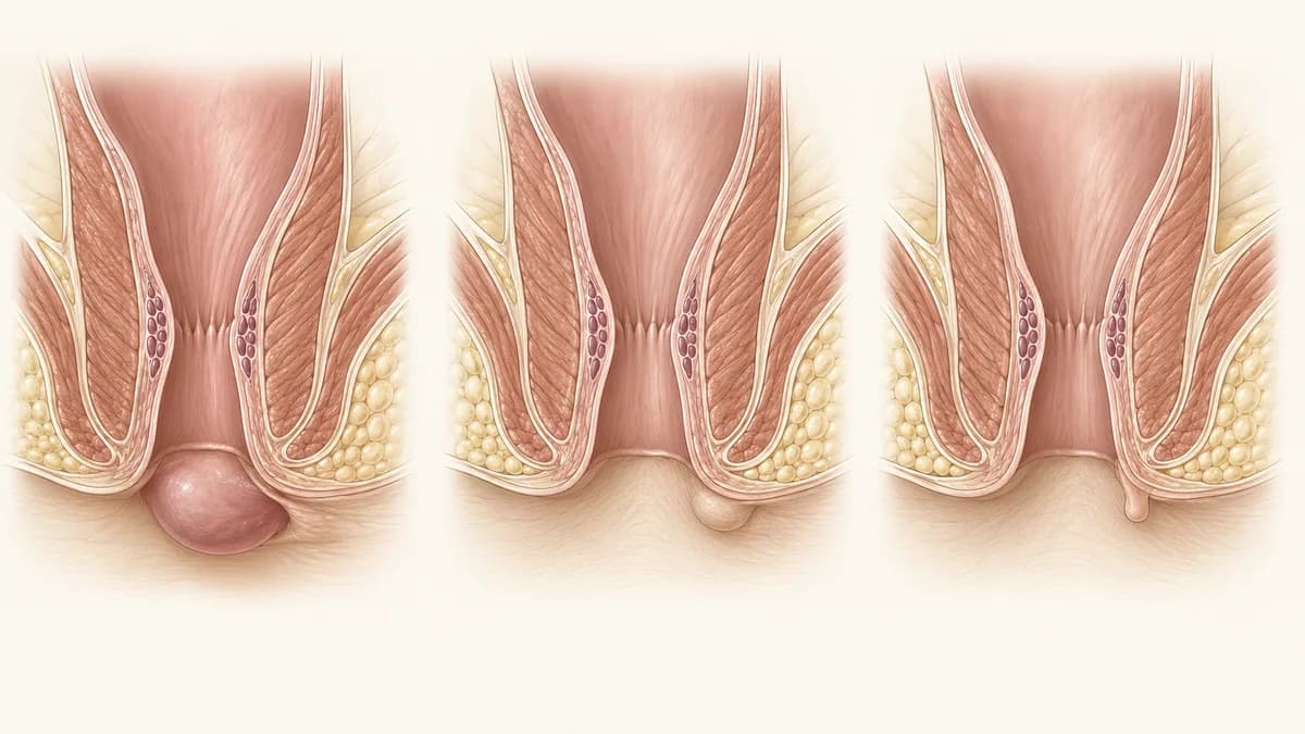 Ilustração em três etapas mostrando uma trombose hemorroidária externa que desincha com o tempo e deixa uma sobra de pele, formando o plicoma anal