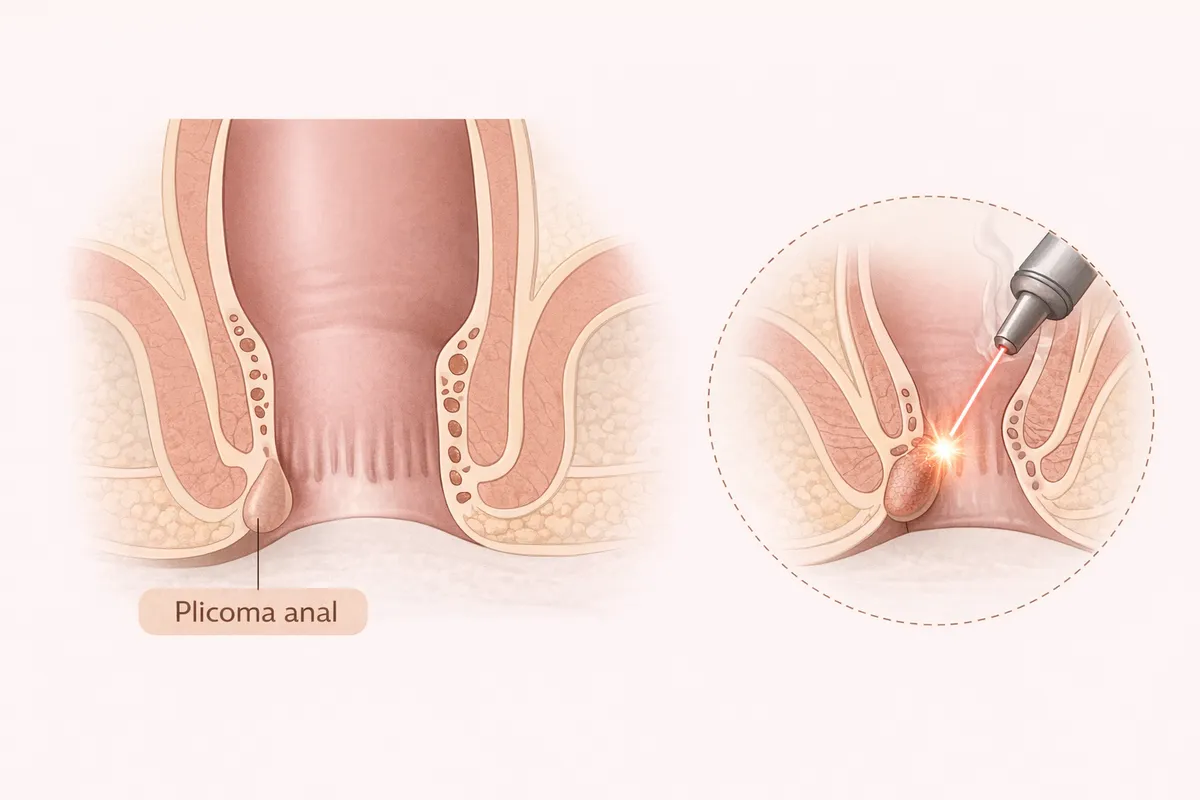 Ilustração de plicoma anal e cirurgia de remoção