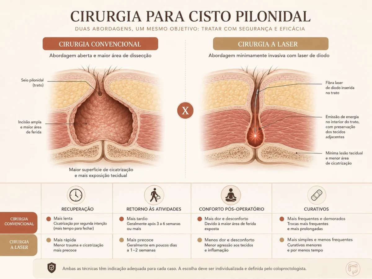 Infográfico comparando cirurgia convencional e laser para cisto pilonidal