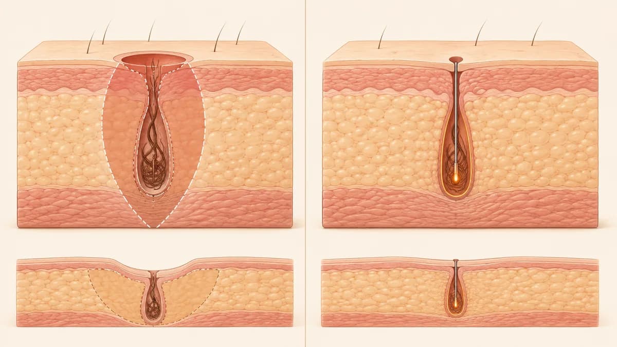 Ilustração comparando a área de pele e tecido retirada em uma excisão convencional do cisto pilonidal com o pequeno acesso usado pela fibra de laser de diodo dentro do trajeto, e o aspecto de cada região após a cicatrização