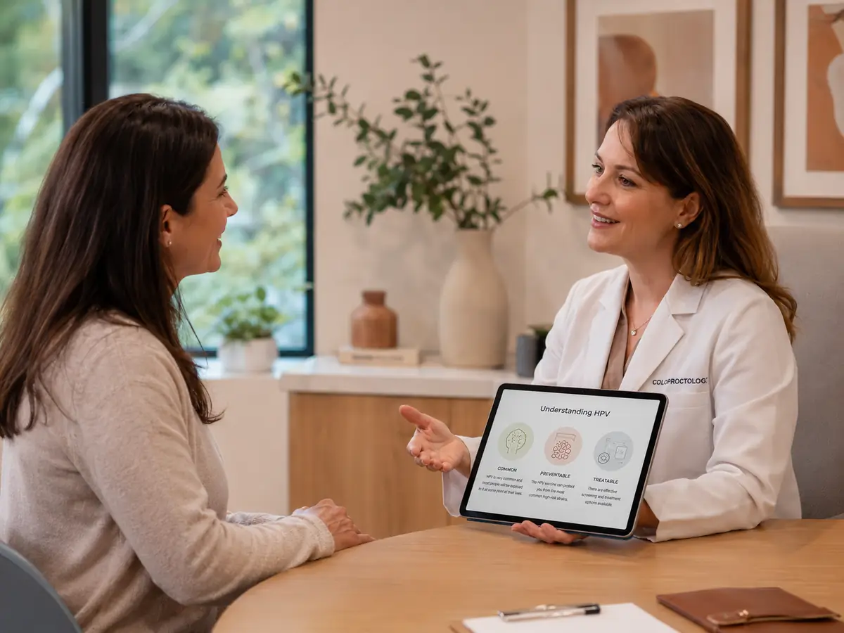 Consulta de coloproctologia orientando paciente após diagnóstico de HPV anal