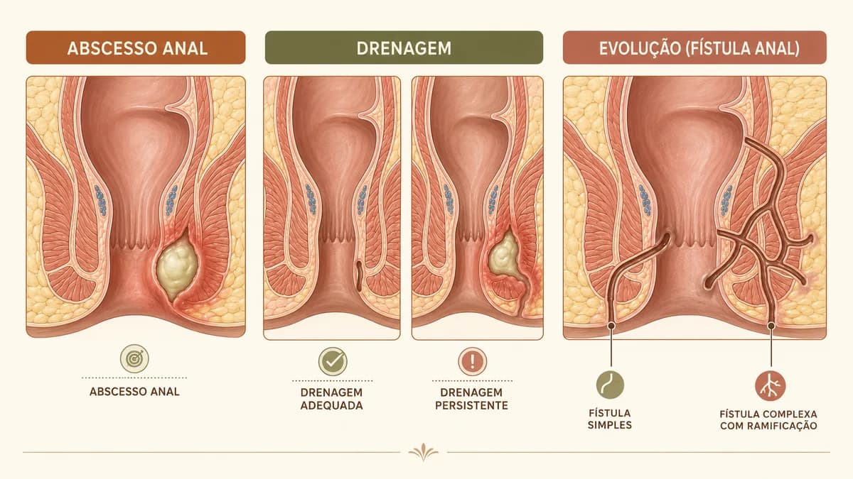 Ilustração de abscesso anal e das evoluções possíveis após a drenagem: cicatrização adequada, drenagem persistente e formação de fístula simples ou complexa com ramificações