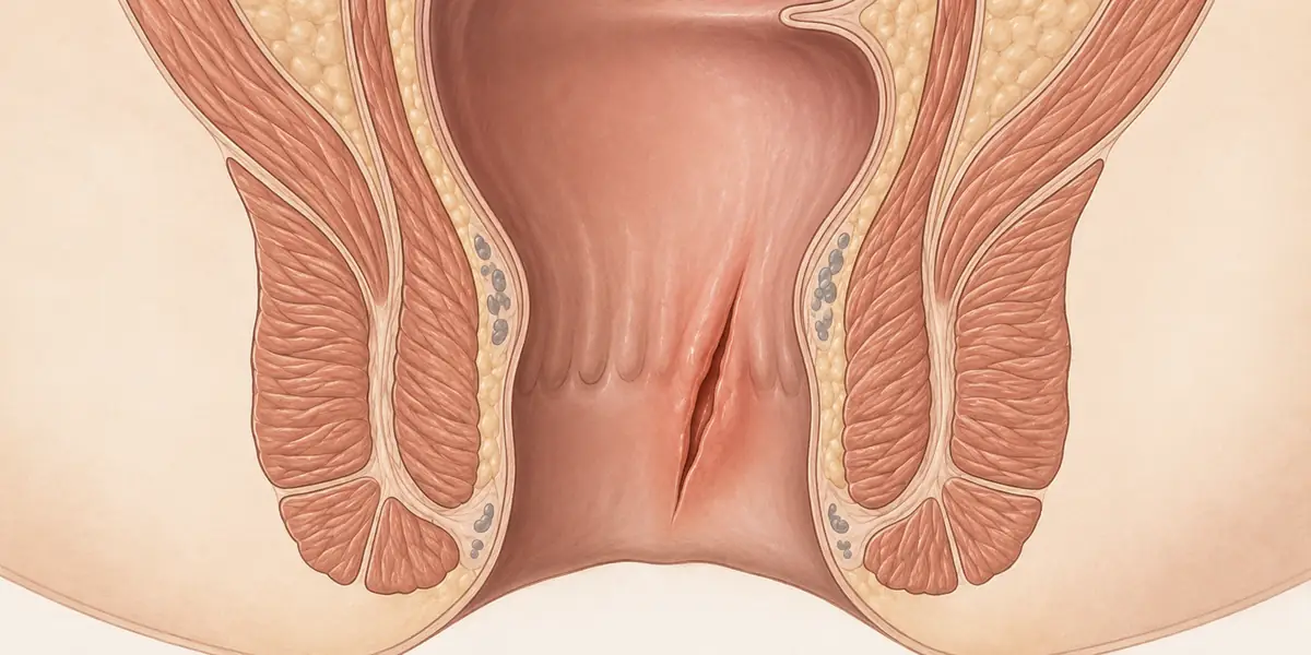 Ilustração do canal anal com fissura anal e a região dolorida ao evacuar