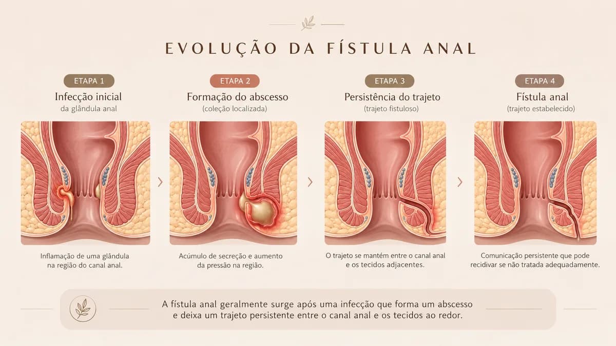 Ilustração em quatro etapas da evolução da fístula anal: infecção de uma glândula anal, formação do abscesso, persistência do trajeto e fístula estabelecida entre o canal anal e a pele