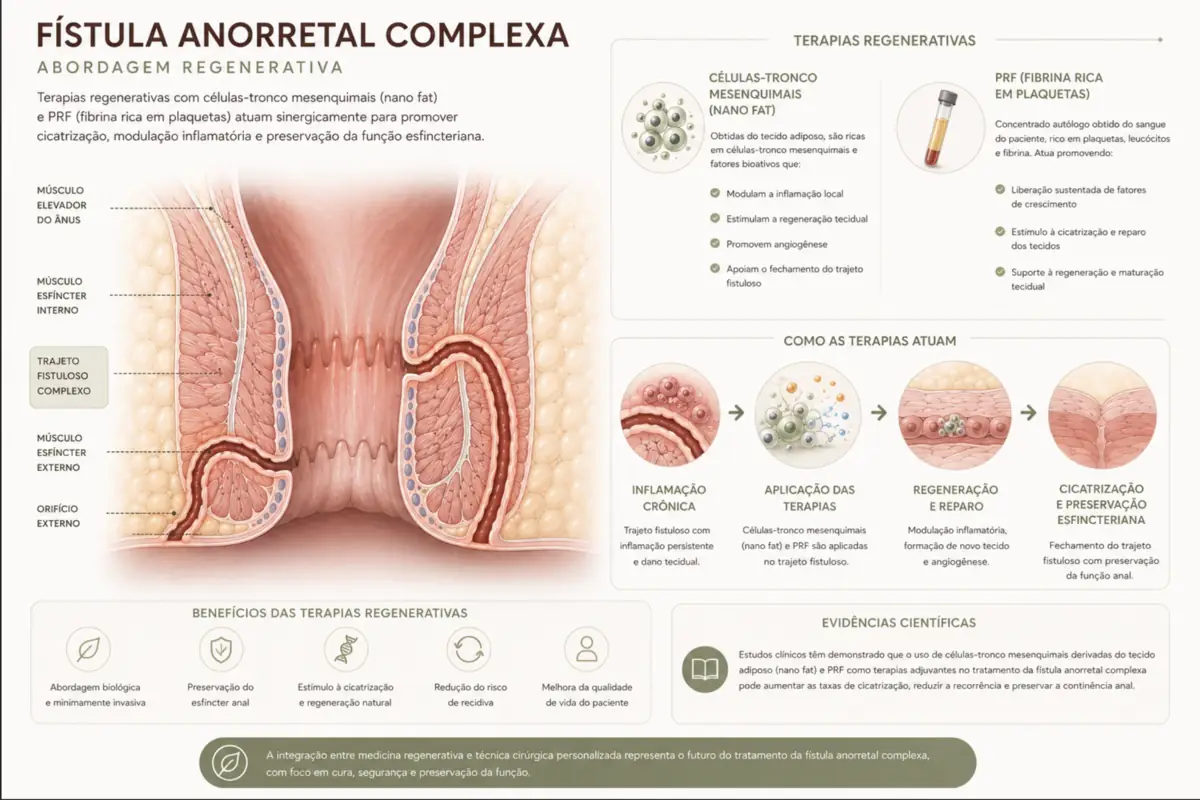 Ilustração de fístula anorretal com trajeto complexo atravessando a musculatura esfincteriana