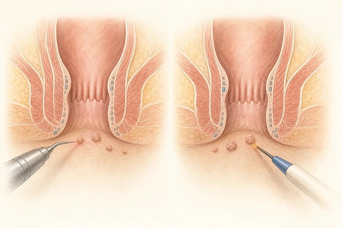 Ilustração educativa das técnicas de laser de CO₂ e eletrocauterização para HPV anal