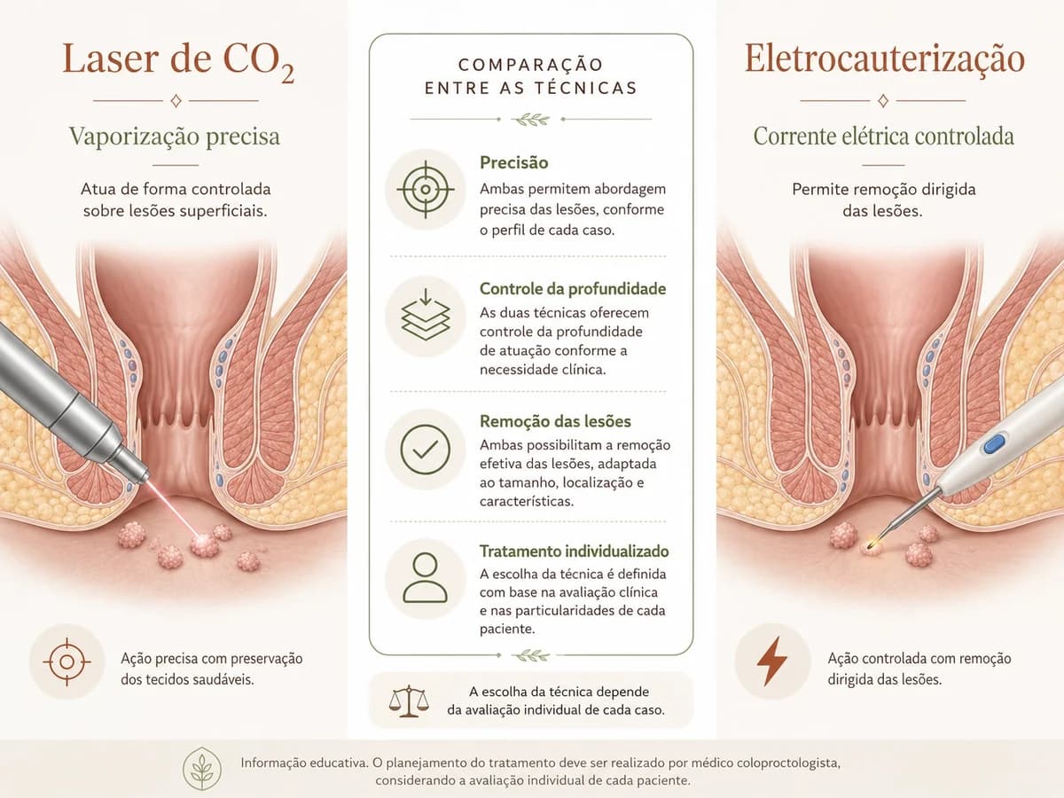 Infográfico comparando laser de CO₂ e eletrocauterização no tratamento de condilomas anais