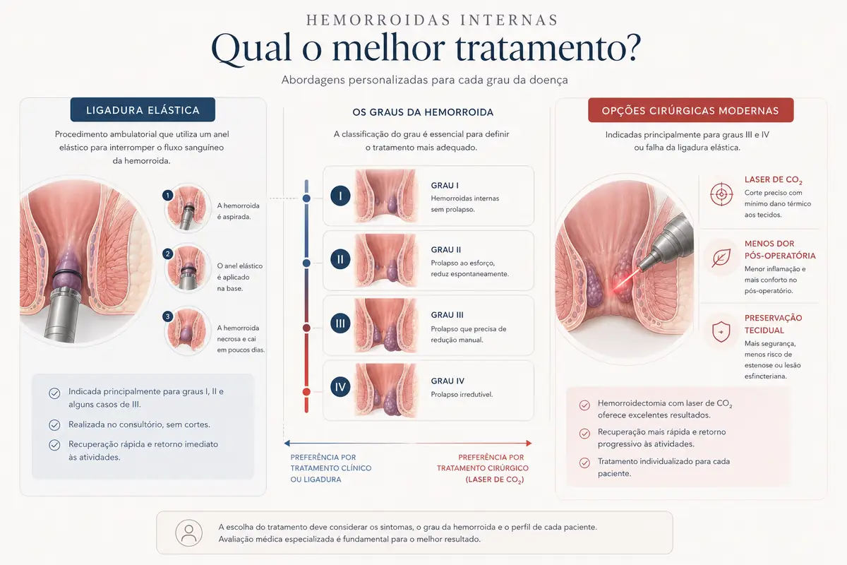 Ilustração comparando ligadura elástica e cirurgia no tratamento de hemorroida