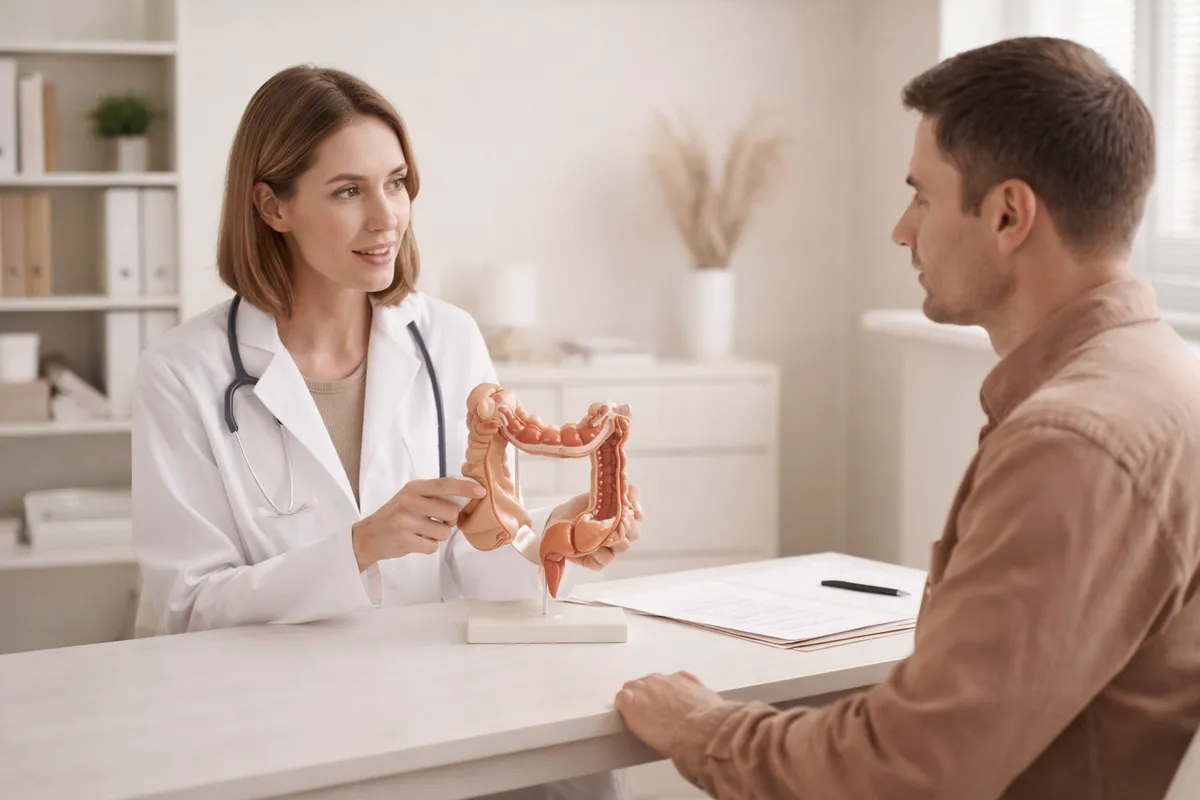 Consulta com coloproctologista mostrando modelo anatômico do cólon ao paciente