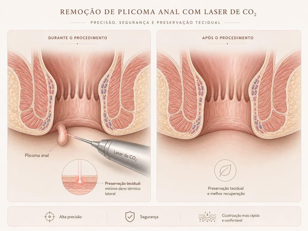 Infográfico educativo sobre remoção de plicoma anal com laser de CO₂