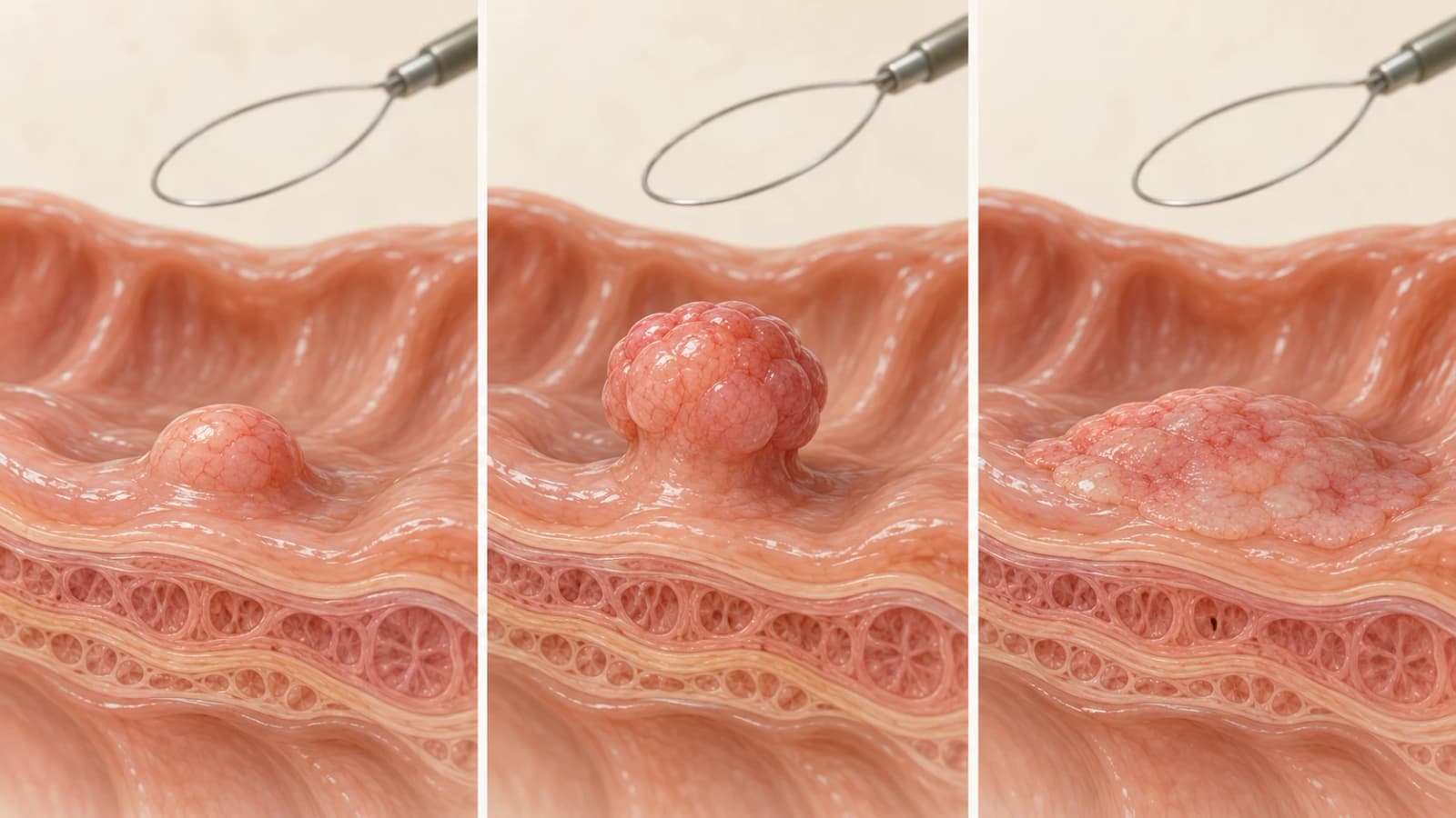 Ilustração de pólipos de diferentes formatos na parede intestinal, com uma alça utilizada na retirada endoscópica