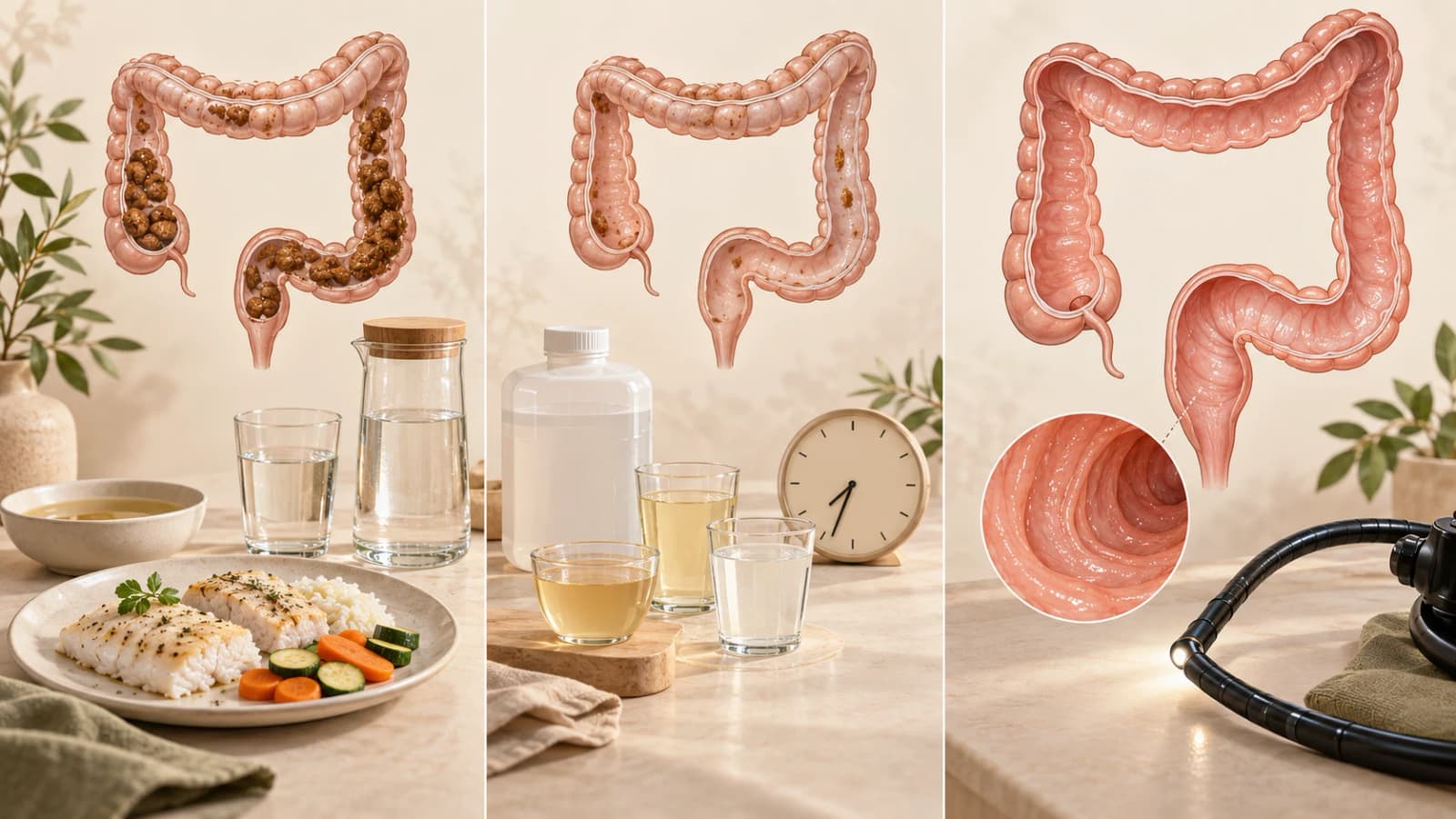 Ilustração das etapas do preparo intestinal, com alimentação, solução prescrita e visualização do cólon