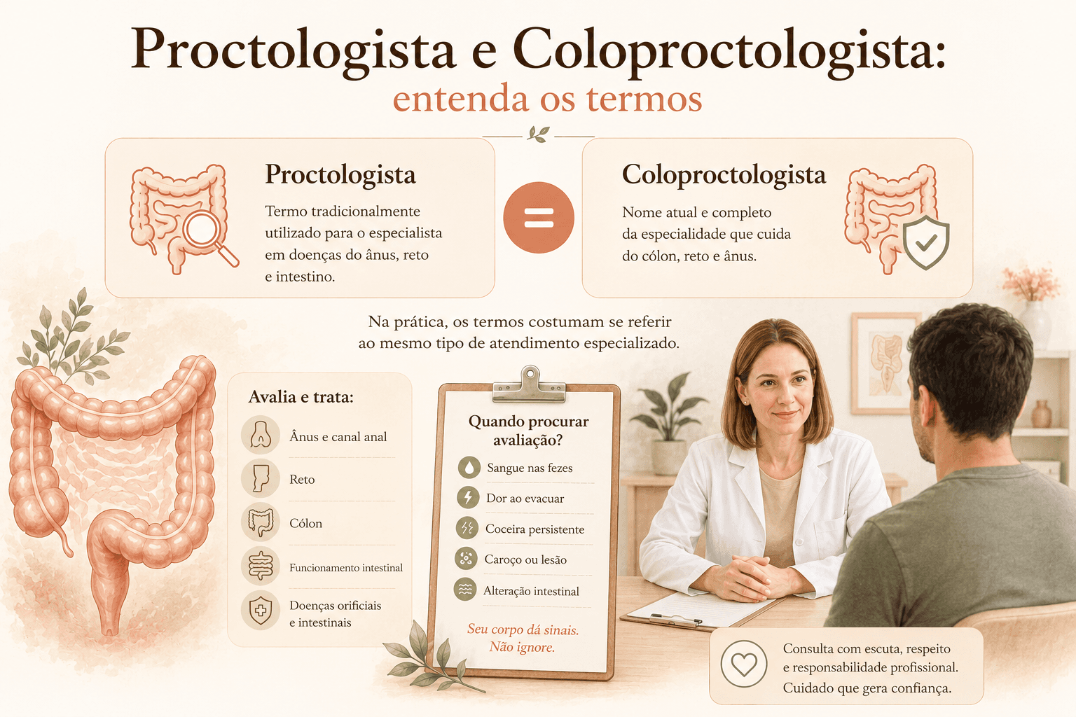 Infográfico explicando os termos proctologista e coloproctologista