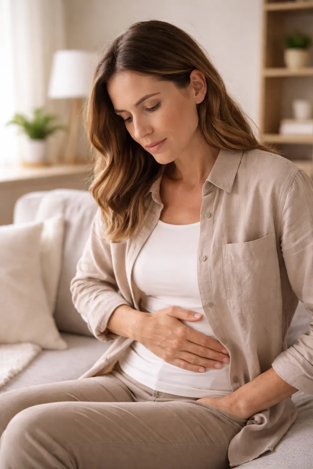 Mulher com desconforto abdominal identificando sinais de alerta intestinais