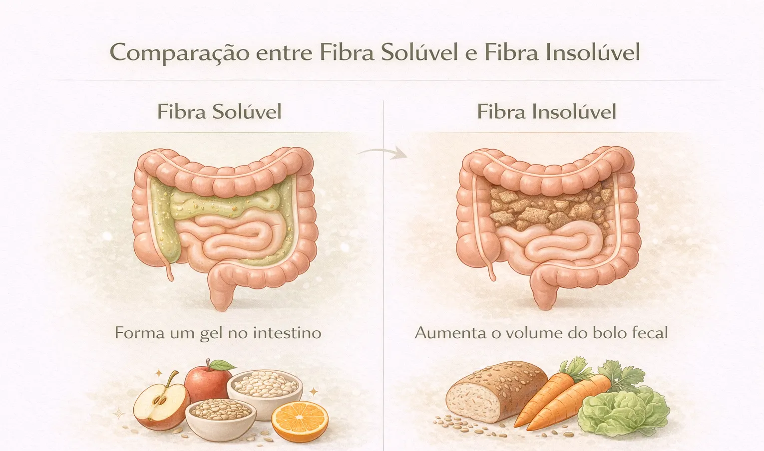 Comparativo entre fibras solúveis e insolúveis e seus efeitos no intestino