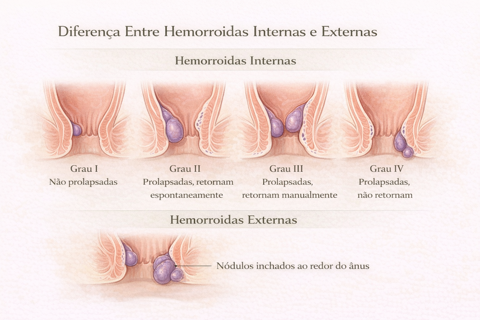 Comparativo entre hemorroidas internas e externas por sintomas e localização